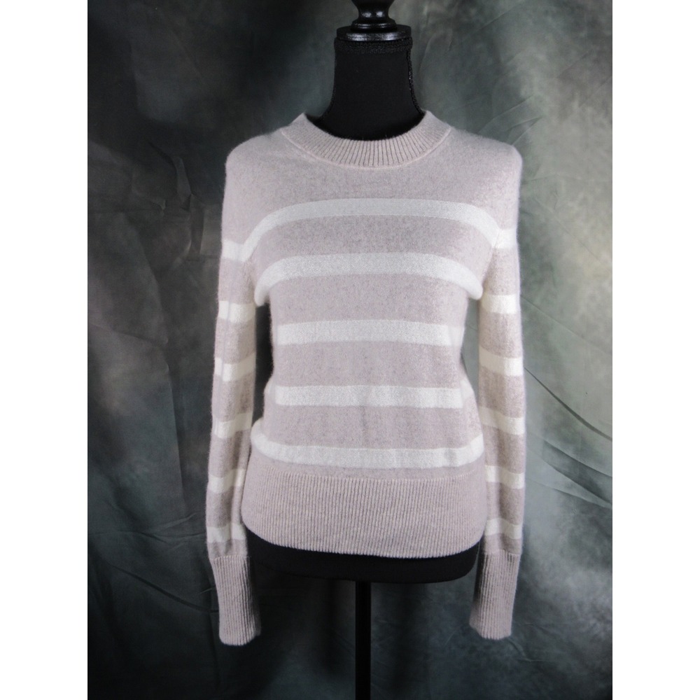 Joie Tan Cream Striped 100% 2-Ply Cashmere Crewneck Sweater Womens Small